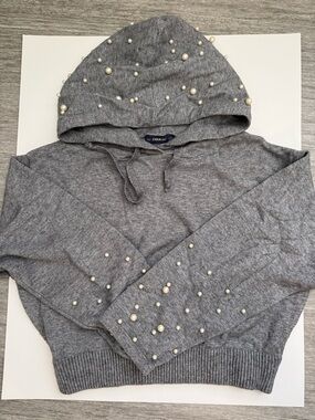 ZARA KNIT Gray Hoodie with Pearl Embellishments
